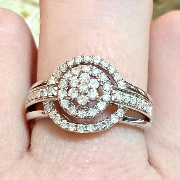 Genuine 1 Carat Diamond Flower Cluster Double Halo Ring ~ Triple Band Ring - Picture 8 of 15